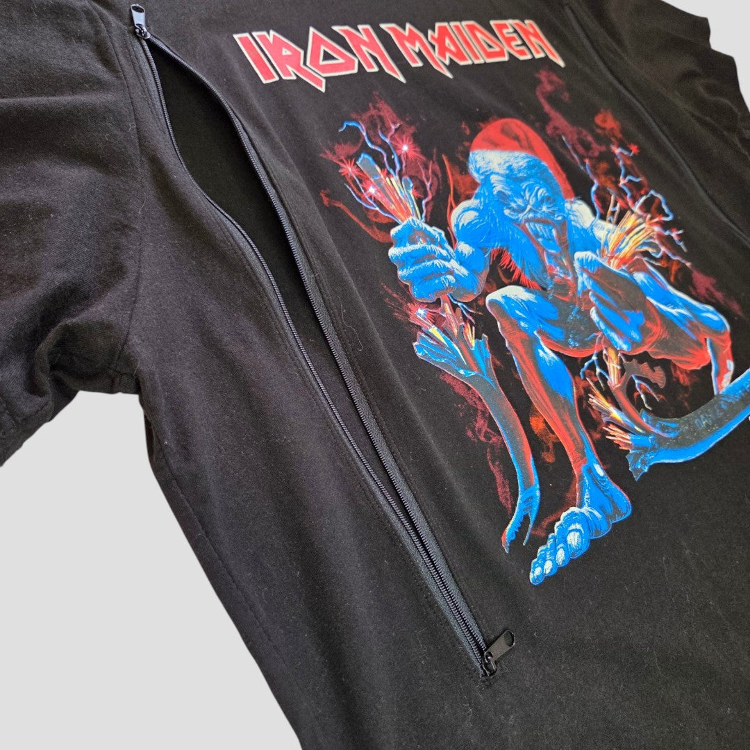 The George Upcycled Breastfeeding (Nursing) & Pumping Iron Maiden Christmas t-shirt XL (100409) features a bold, colorful monster graphic on the front and a discreet black zipper running vertically along the left chest for easy nursing or pumping access, making it a stylish choice for breastfeeding moms. The t-shirt is displayed against a plain background.