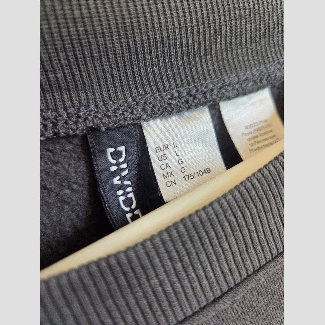 Close-up of the H&M Upcycled Breastfeeding (Nursing) & Pumping Grey Pink Floyd Band sweatshirt dress (size L, 100548) tag displaying size details: EUR L, US L, CA G, MX G, CN 175/104B. The fabric texture and collar are visible, along with part of a wooden hanger at the bottom.