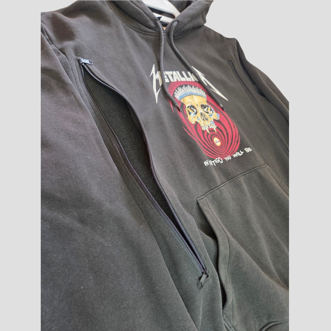 Upcycled Breastfeeding (Nursing) & Pumping Black Metallica Vertigo Band Hoodie M (100606) by H&M—a black hoodie featuring a Metallica graphic with a skull and red circles, visible front pocket, and a partially open side zipper, designed as stylish and affordable nursing wear.