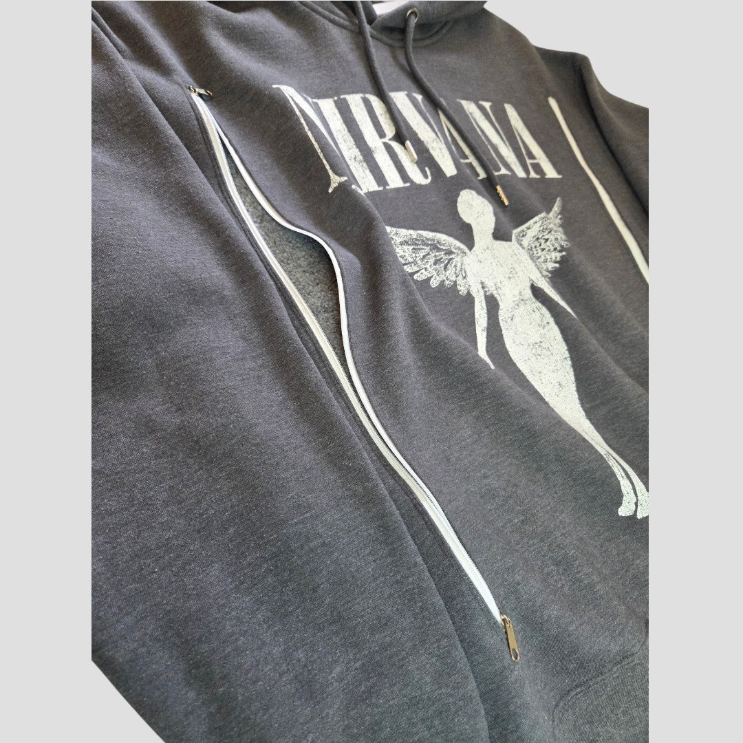 A gray and white Nirvana Angel Band hoodie from Primark is shown, featuring an upcycled design with a long, diagonal zipper for easy access—making it a practical and stylish choice for breastfeeding and pumping mothers. Product name: Upcycled Breastfeeding (Nursing) & Pumping Grey/White Nirvana Angel Band Hoodie M (100521).