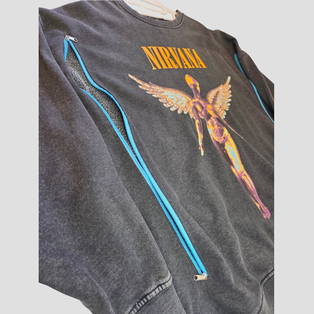 Primark Upcycled Breastfeeding (Nursing) & Pumping Grey/Orange Nirvana Angel Band Sweatshirt (L, UK14/16) features a unique Nirvana In Utero angel graphic, striking gold lettering, and bold blue zippers along both sides for easy and stylish nursing access—designed as affordable breastfeeding clothing.