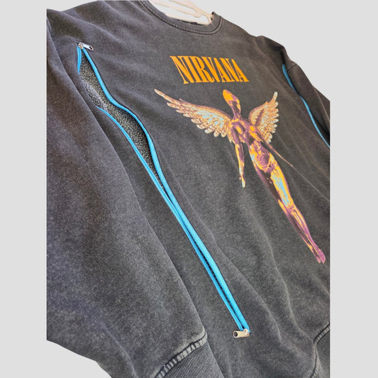 Primark Upcycled Breastfeeding (Nursing) & Pumping Grey/Orange Nirvana Angel Band Sweatshirt (L, UK14/16) features a unique Nirvana In Utero angel graphic, striking gold lettering, and bold blue zippers along both sides for easy and stylish nursing access—designed as affordable breastfeeding clothing.