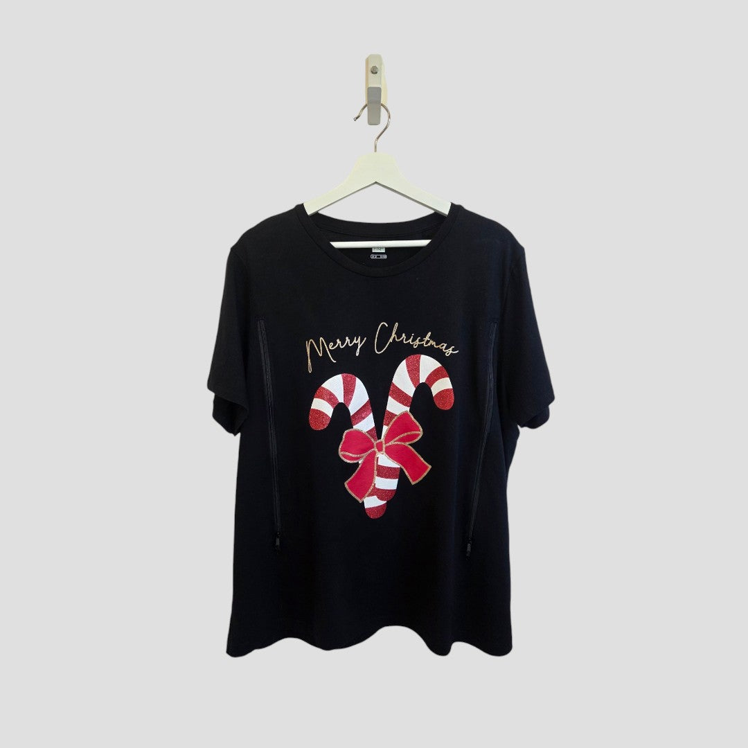 F&F Upcycled Breastfeeding (Nursing) & Pumping Black Christmas Candy Canes t-shirt UK22 (100657) displayed on a hanger features “Merry Christmas” text above two crossed candy canes with a red bow on the front. This affordable, festive design is ideal for spreading holiday cheer, shown against a plain light gray background.