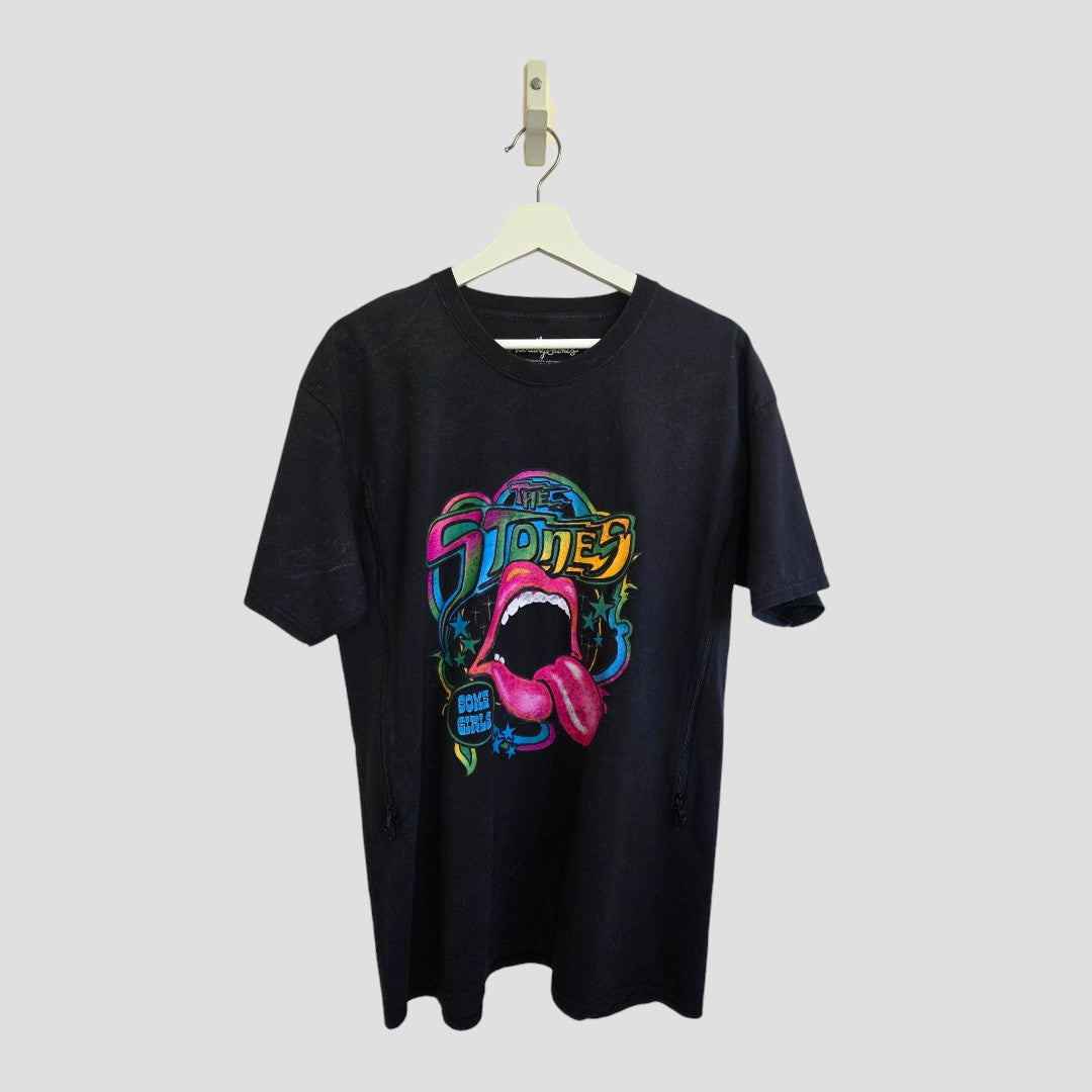 Upcycled Breastfeeding (Nursing) & Pumping Black Colourful The Rolling Stones Tongue t-shirt M (100621) featuring a colorful graphic of an open mouth with a tongue sticking out and the text The Stones and Some Girls on the front.