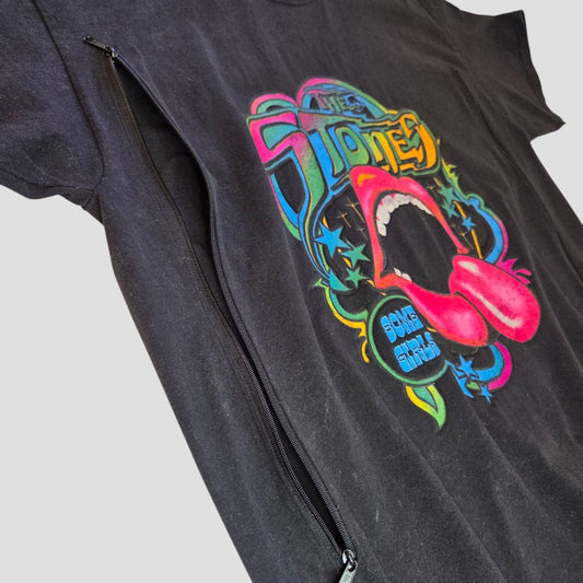 Upcycled Breastfeeding (Nursing) & Pumping Black Colourful The Rolling Stones Tongue t-shirt M (100621) featuring an open mouth graphic and stylized text on the front, with a convenient zipper along the side seam.