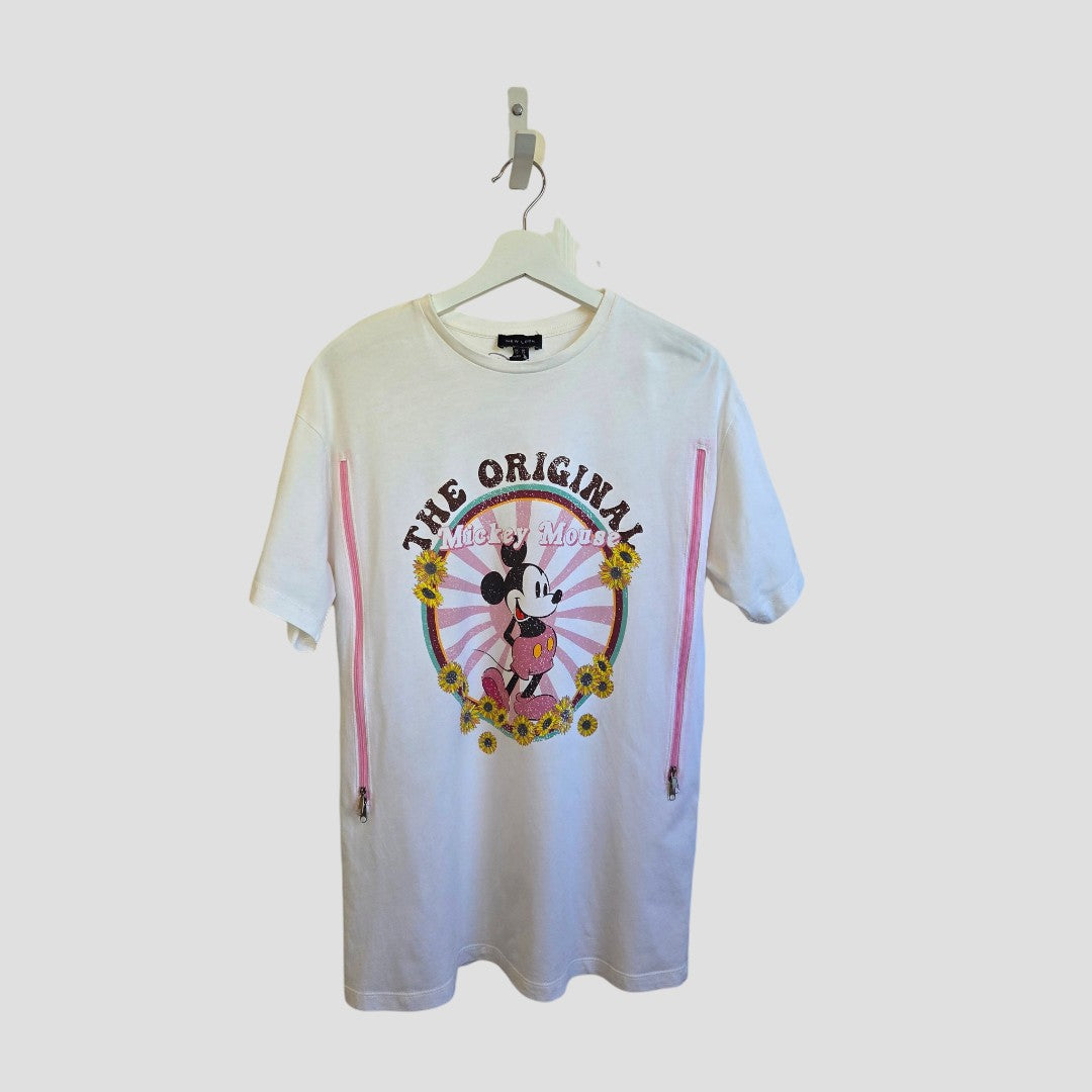 Upcycled Breastfeeding (Nursing) & Pumping Cream Mickey Mouse Flowers t-shirt UK10 (100638) in cream featuring a Mickey Mouse and sunflower graphic, The Original Mickey Mouse text, and vertical pink zippers for nursing.