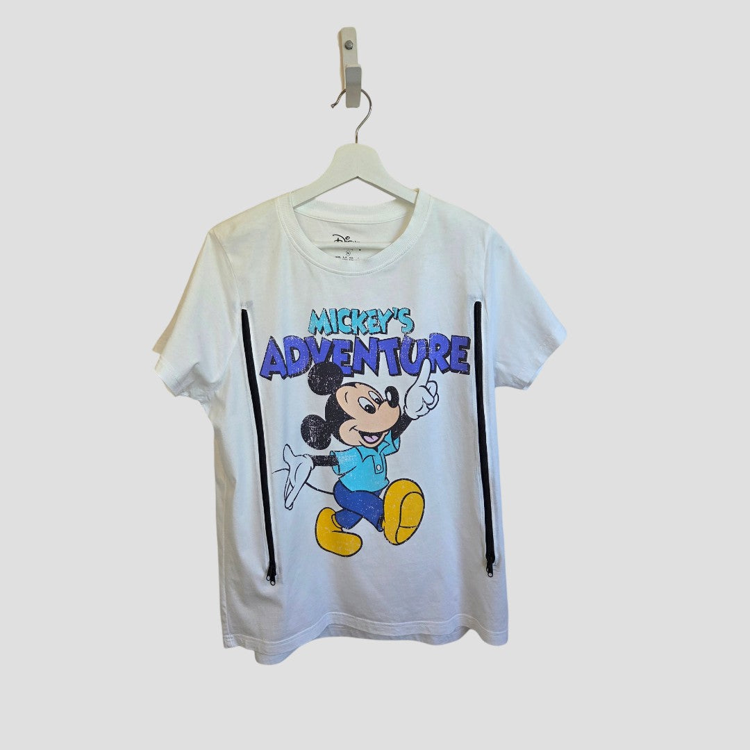 Upcycled Breastfeeding (Nursing) & Pumping White Mickey Mouse Adventure t-shirt M (UK12/14) (100639) in white 100% cotton, featuring a Mickey Mouse graphic, the text Mickeys Adventure, and black vertical zippers for breastfeeding.