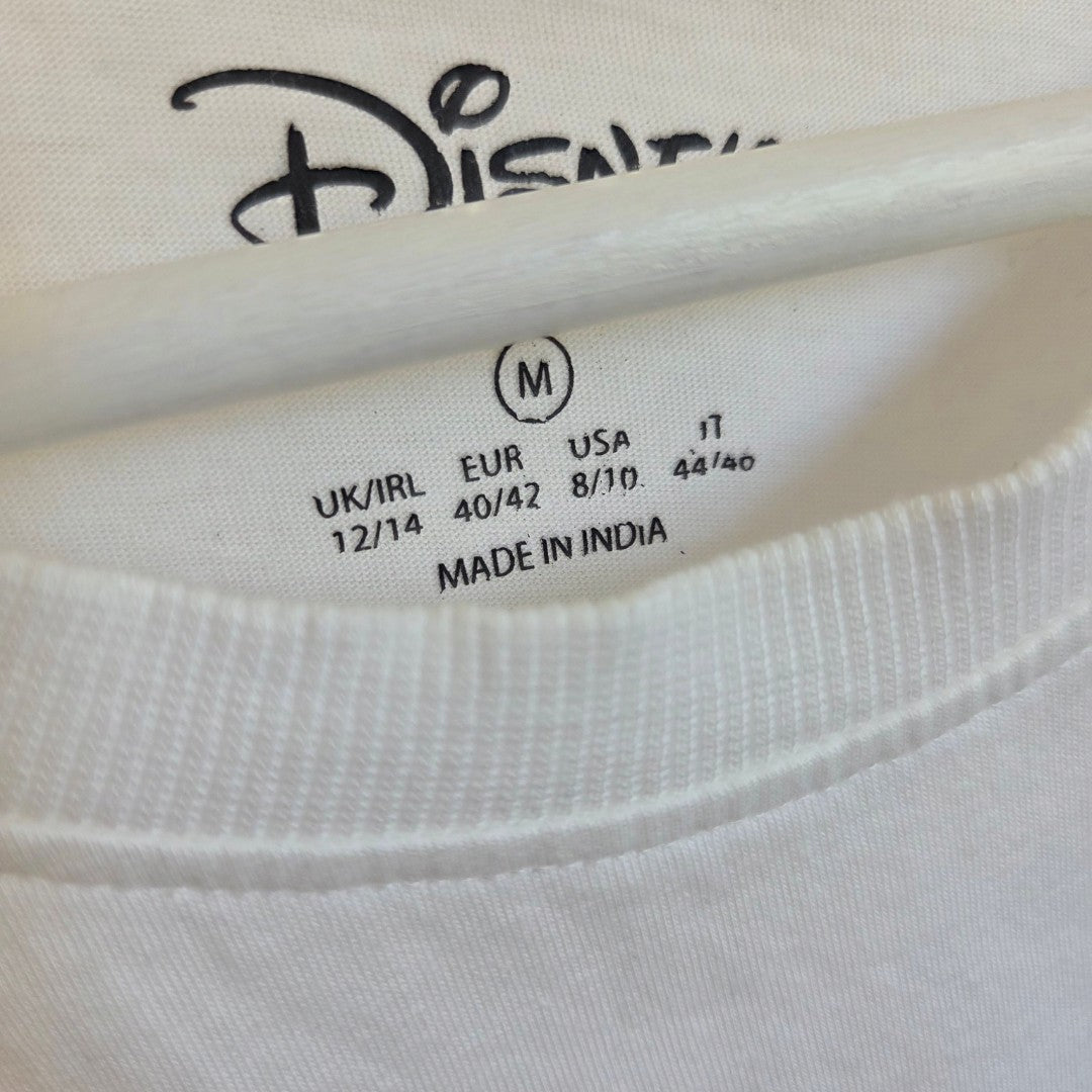 White 100% cotton tag for an Upcycled Breastfeeding (Nursing) & Pumping White Mickey Mouse Adventure t-shirt M (UK12/14) (100639), showing size M and international sizing conversions.