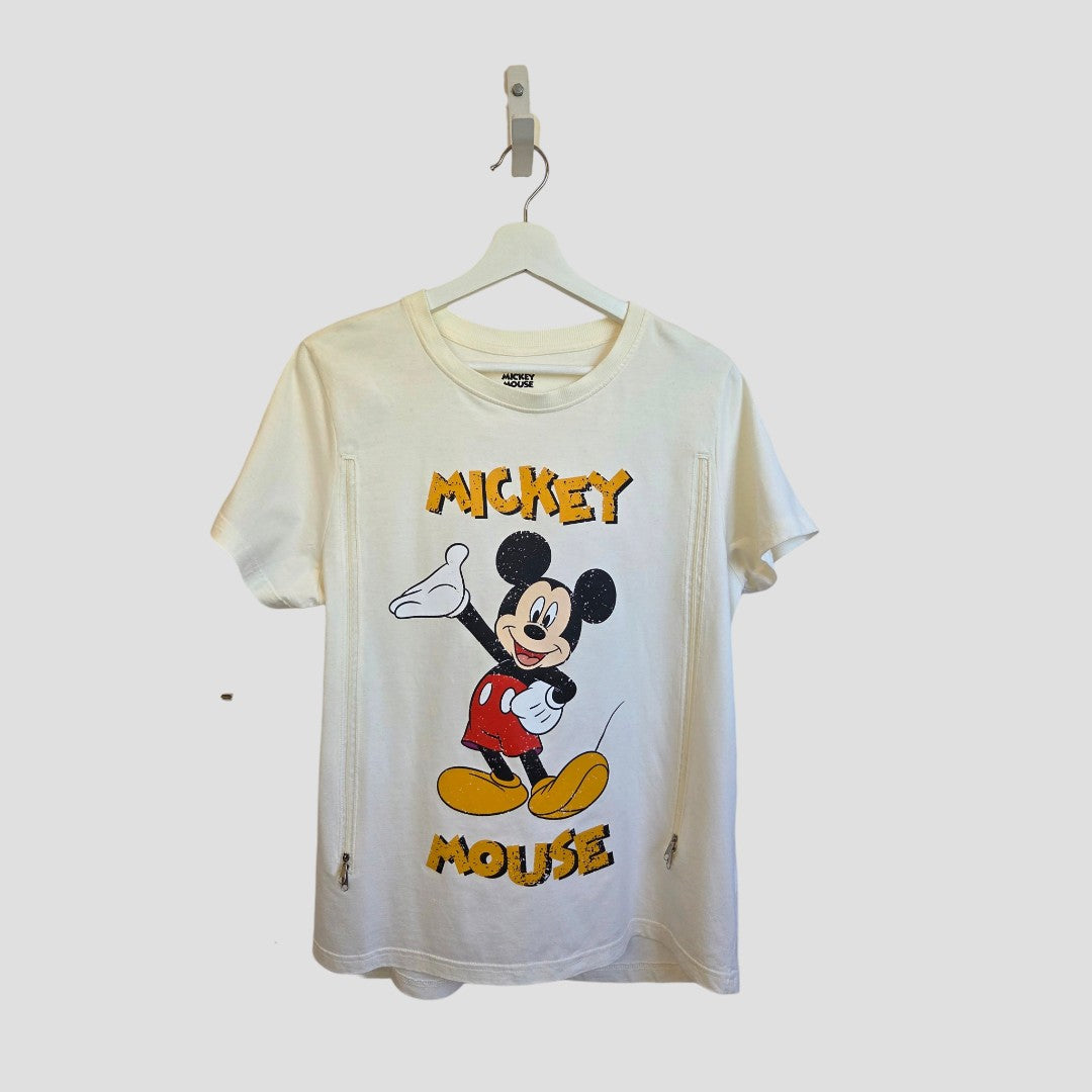 Cream-colored Upcycled Breastfeeding (Nursing) & Pumping Cream/Orange Mickey Mouse t-shirt M (100636) featuring a Mickey Mouse graphic and vertical zippers along the sides for breastfeeding.