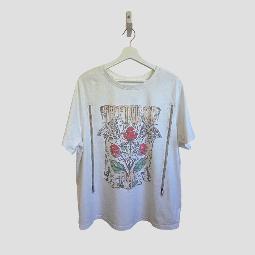 Cream 100% cotton short-sleeve Upcycled Breastfeeding (Nursing) & Pumping Cream Floral Fleetwood Mac Band t-shirt UK22 (100641) with a floral graphic and full-length vertical zippers on the front for easy breastfeeding access.