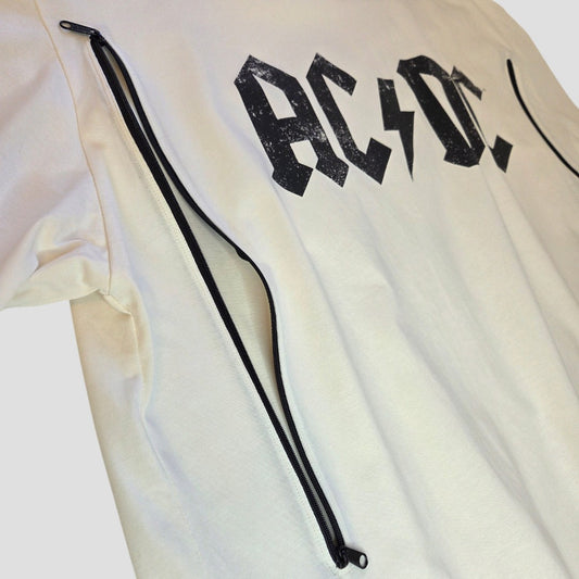 Off-white eco-friendly Upcycled Breastfeeding (Nursing) & Pumping Cream AC/DC Band t-shirt XL (100628) featuring a black AC/DC band logo and vertical side-seam zippers.