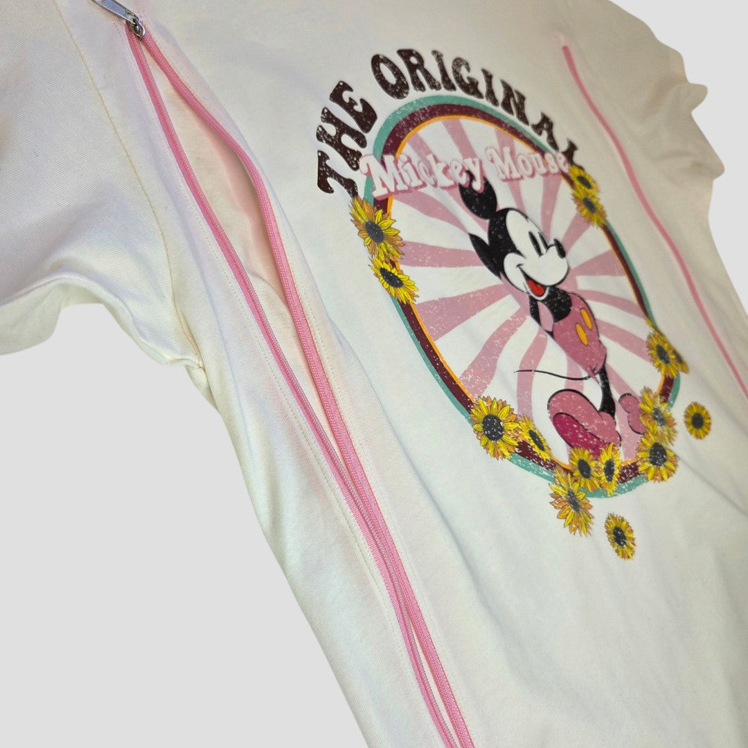 Upcycled Breastfeeding (Nursing) & Pumping Cream Mickey Mouse Flowers t-shirt UK10 (100638) in cream featuring Mickey Mouse surrounded by sunflowers, the text The Original Mickey Mouse, and side seam zippers for nursing access.