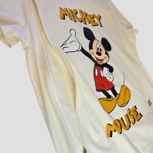 Upcycled Breastfeeding (Nursing) & Pumping Cream/Orange Mickey Mouse t-shirt M (100636) in cream featuring Mickey Mouse and a vertical zipper along the side seam.