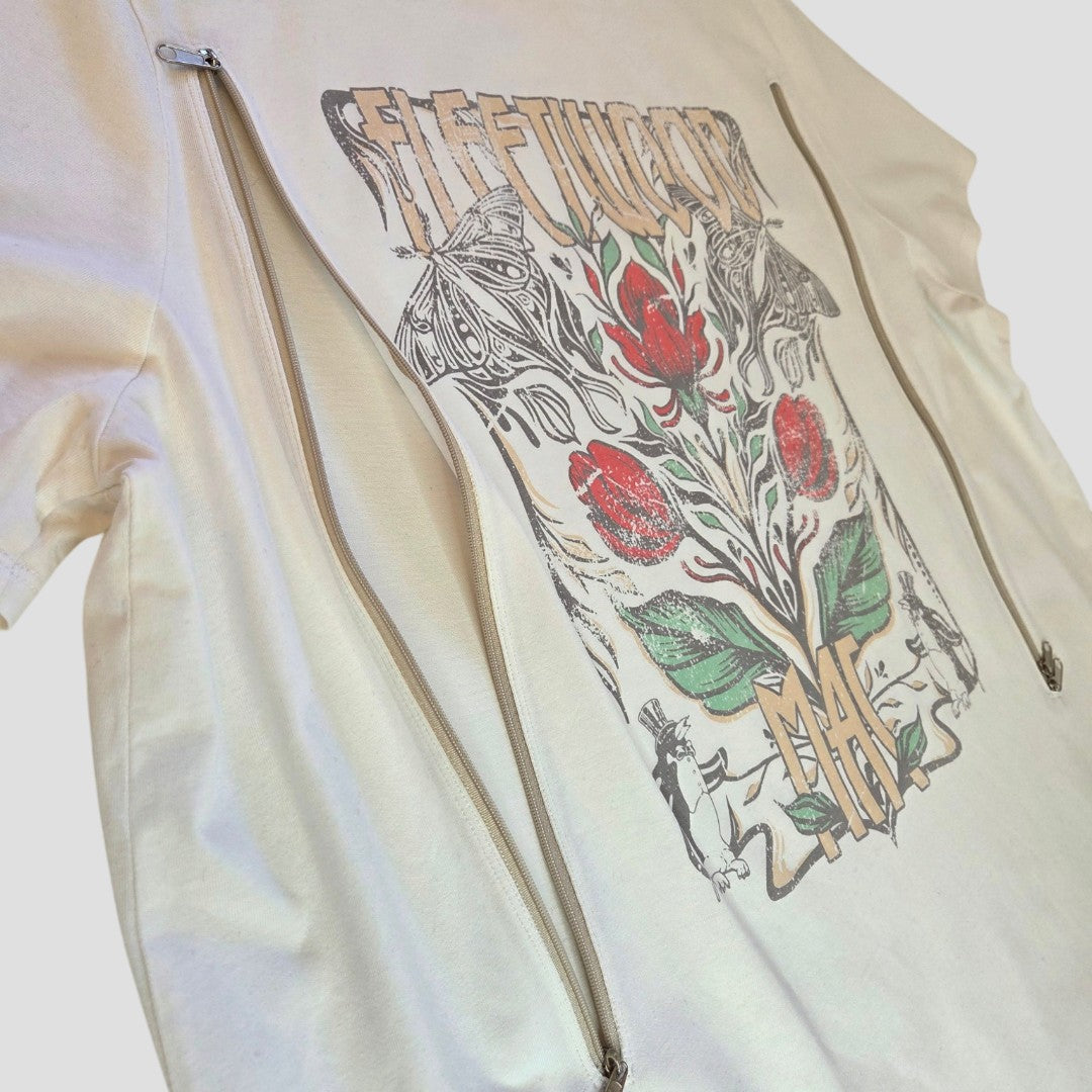 Upcycled Breastfeeding (Nursing) & Pumping Cream Floral Fleetwood Mac Band t-shirt UK22 (100641) in 100% cotton with a floral graphic and long vertical zippers for discreet nursing access.