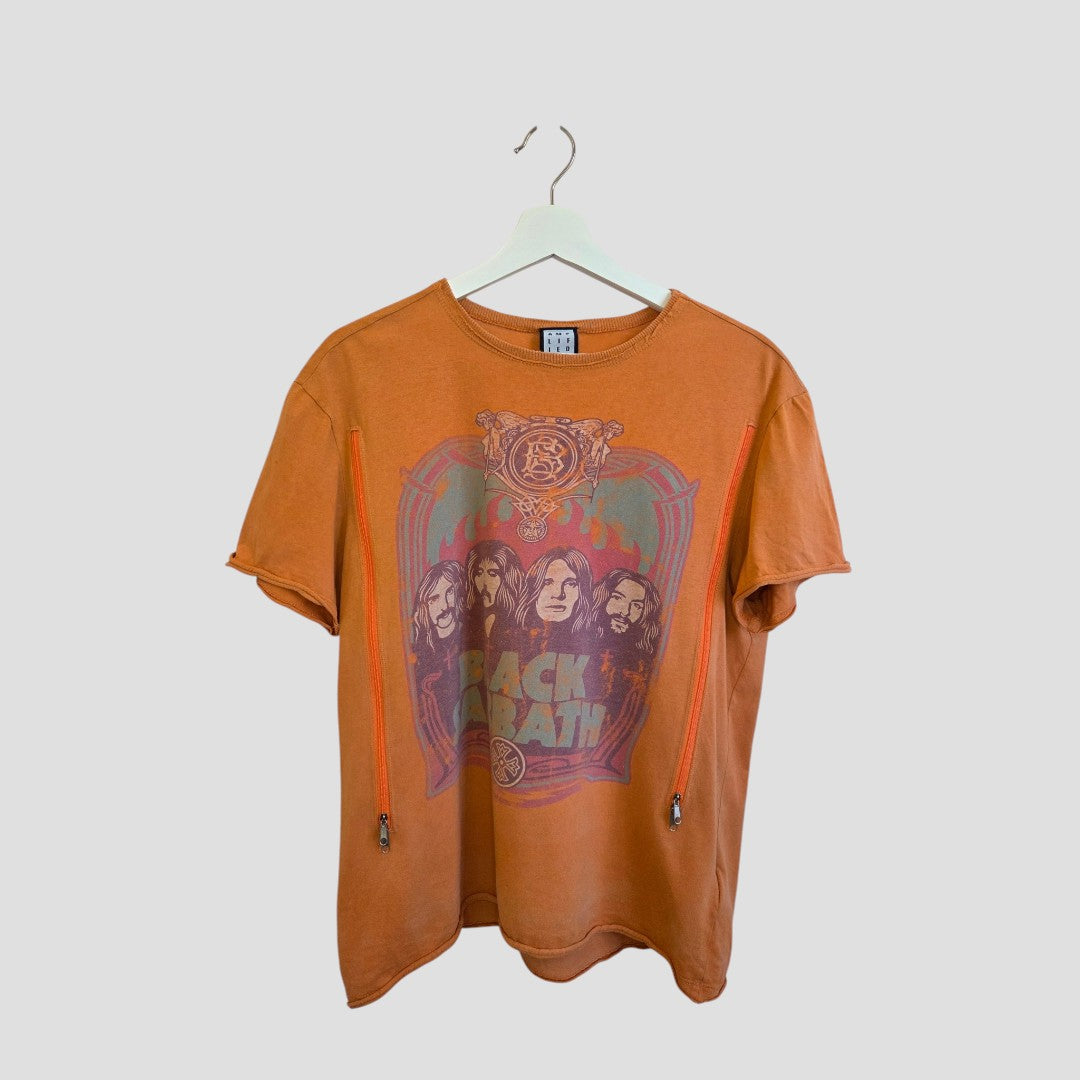 Upcycled Breastfeeding (Nursing) & Pumping Orange Black Sabbath Band t-shirt M (100658) in orange with a band graphic and vertical side zippers.