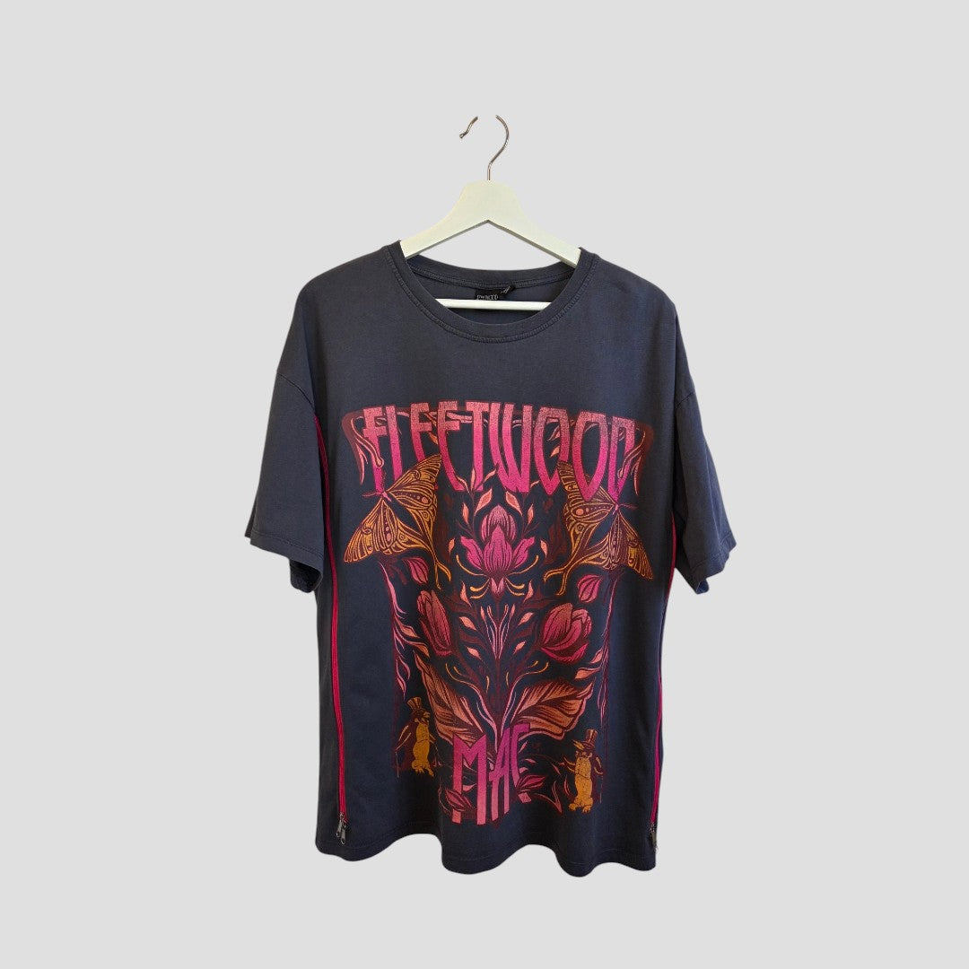 Upcycled Breastfeeding (Nursing) & Pumping Grey Floral Fleetwood Mac Band t-shirt L (UK14/16) (100624) in grey with a pink and orange graphic, short sleeves, and side zippers.