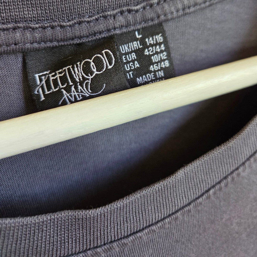 Close-up of the neckline of an Upcycled Breastfeeding (Nursing) & Pumping Grey Floral Fleetwood Mac Band t-shirt L (UK14/16) (100624) on a white hanger, showing the size L label.