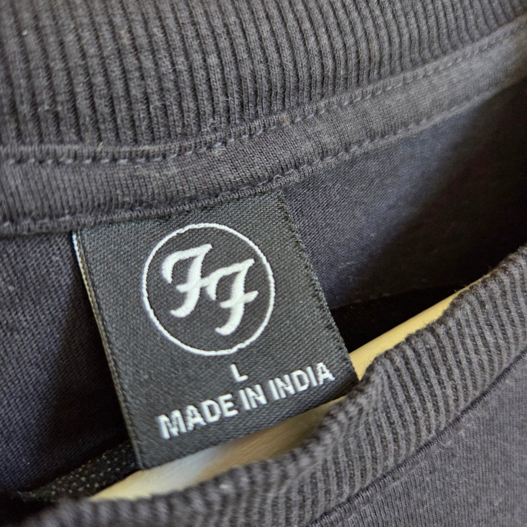 Upcycled Breastfeeding (Nursing) & Pumping Black Foo Fighters Heart Band t-shirt L (100625) featuring a shirt collar, size L, Made in India tag, and an FF logo inside a circle.