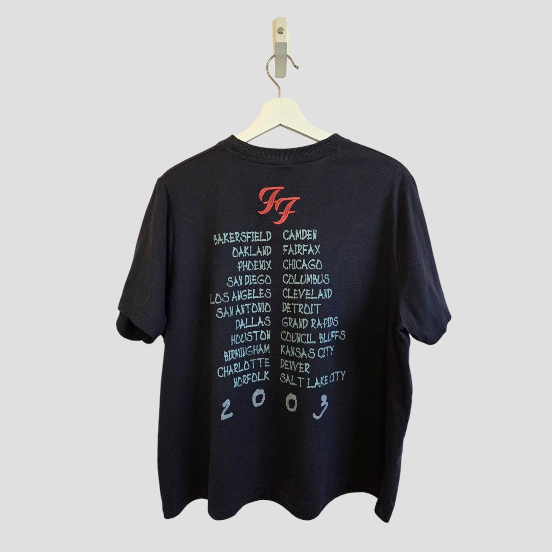 Upcycled Breastfeeding (Nursing) & Pumping Black Foo Fighters Heart Band t-shirt L (100625) featuring a red FF logo above a light blue 2003 concert tour city list on a black 100% cotton short-sleeved base.