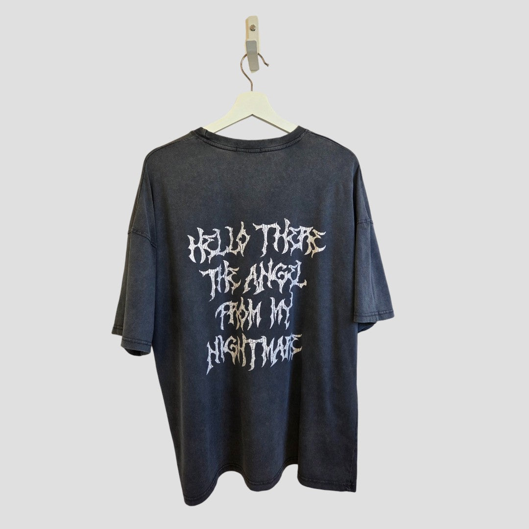 Grey oversized Upcycled Breastfeeding (Nursing) & Pumping Grey Blink-182 Oversized Band t-shirt S (100622) with white gothic-style text on the back that reads Hello there the angel from my nightmare.