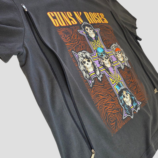 Grey Upcycled Breastfeeding (Nursing) & Pumping Guns n Roses Cross Band t-shirt XL (100619) by Primark, featuring a cross graphic and vertical side zippers for breastfeeding access.