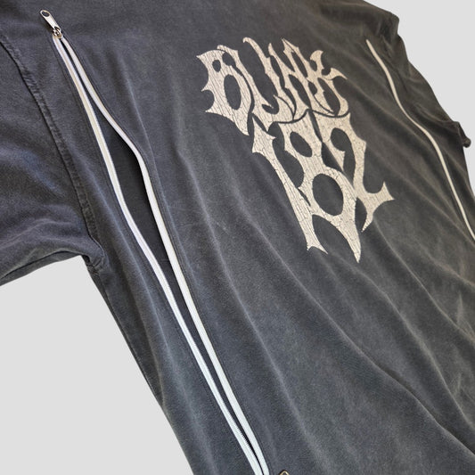 Upcycled Breastfeeding (Nursing) & Pumping Grey Blink-182 Oversized Band t-shirt S (100622) in grey with a distressed Blink-182 logo on the chest and white zippers along the side seams for nursing access.