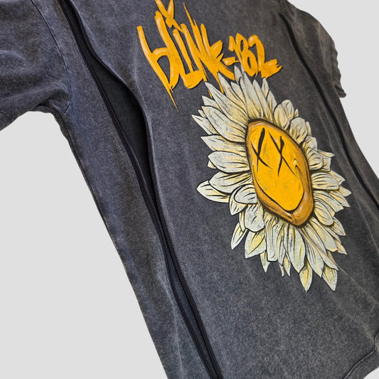 Upcycled Breastfeeding (Nursing) & Pumping Grey Blink-182 Flower Oversized Band t-shirt S (100620) in grey, featuring a side zipper, a Blink-182 logo, and a sunflower with a smiley face center.