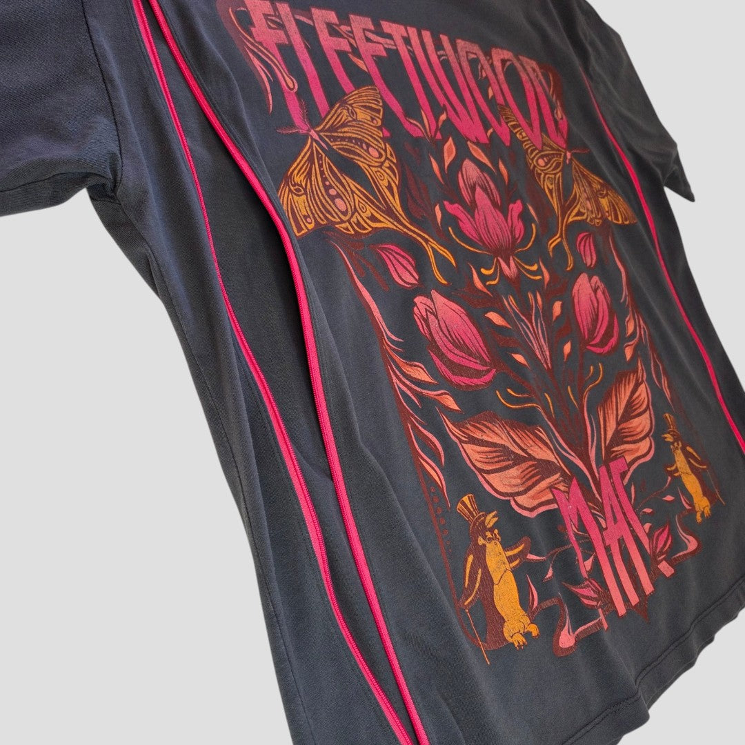 Upcycled Breastfeeding (Nursing) & Pumping Grey Floral Fleetwood Mac Band t-shirt L (UK14/16) (100624) in grey with pink side zippers and a floral graphic print.