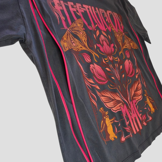 Upcycled Breastfeeding (Nursing) & Pumping Grey Floral Fleetwood Mac Band t-shirt L (UK14/16) (100624) in grey with pink side zippers and a floral graphic print.