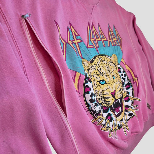 Upcycled Breastfeeding (Nursing) & Pumping Pink Def Leppard Band sweatshirt S (100651) featuring a leopard face graphic and a vertical zipper along the chest for nursing access.