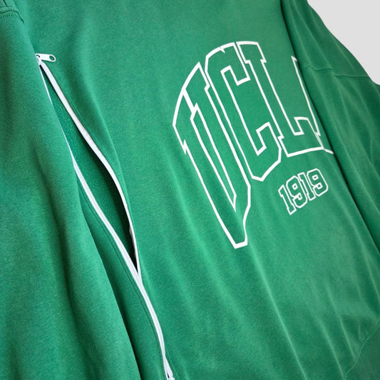 Green Upcycled Breastfeeding (Nursing) & Pumping Green UCLA sweatshirt XXL (100656) with white UCLA 1919 lettering and a vertical side zipper for breastfeeding access.