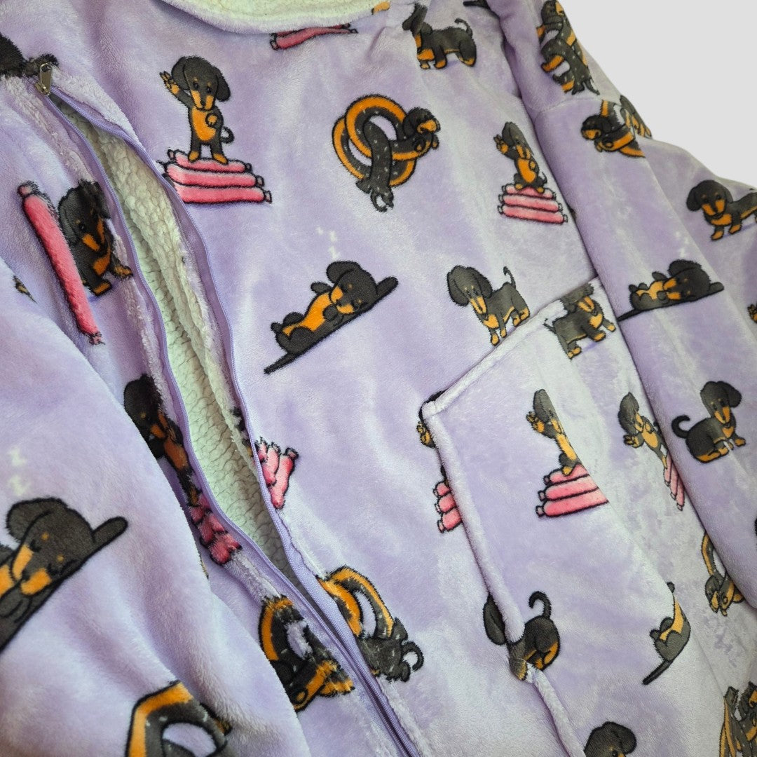 Light purple Upcycled Breastfeeding (Nursing) & Pumping Purple Dachshund Oodie hoodie XXL (100647) featuring a pattern of dachshunds and zippers along the chest for breastfeeding access.