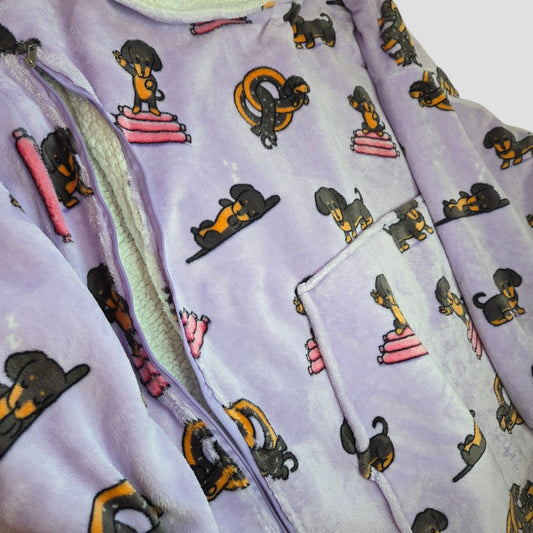 Light purple Upcycled Breastfeeding (Nursing) & Pumping Purple Dachshund Oodie hoodie XXL (100647) featuring a pattern of dachshunds and zippers along the chest for breastfeeding access.