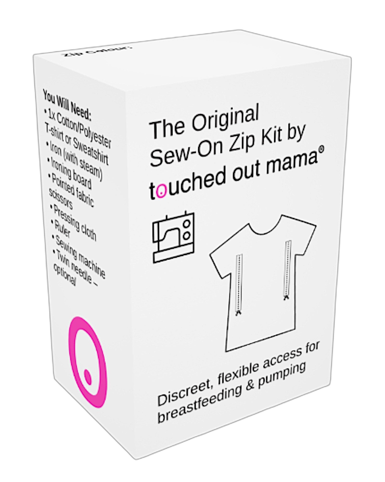 The Original Sew-On Zip Kit by touched out mama® includes zippers and easy instructions to upcycle t-shirts for breastfeeding access—perfect for beginner sewing. The white box features a shirt with zippers, kit contents, and a sewing machine icon.