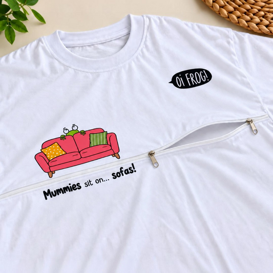 The touched out mama Oi Frog! Eco t-shirt with Breastfeeding (Nursing) and Pumping Access Zip features organic cotton, a red sofa, cartoon frogs, nursing zippers, and the phrase Mummies sit on... sofas!.