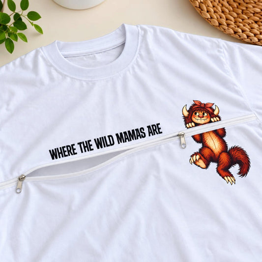 The Wild Mamas Eco t-shirt with Breastfeeding (Nursing) and Pumping Access Zip by touched out mama features a discreet zipper under a fun monster graphic and WHERE THE WILD MAMAS ARE text for easy nursing.