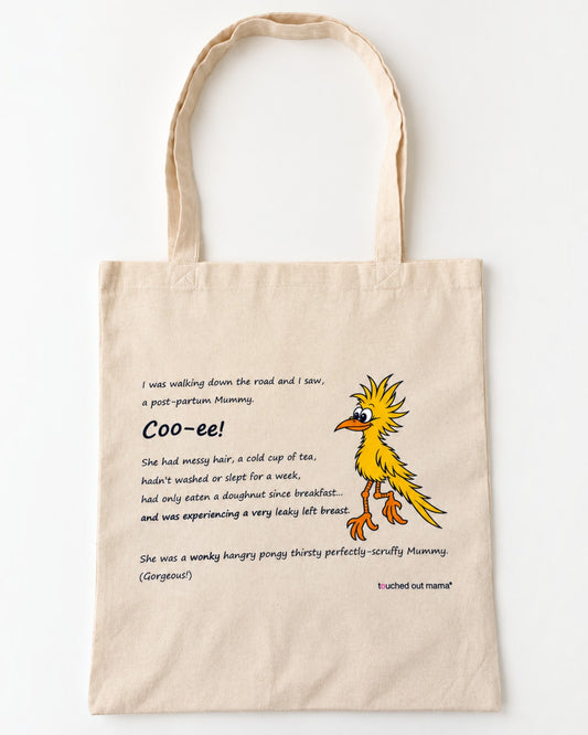 Natural-colored recycled cotton Wonky Mummy eco tote bag featuring a cartoon yellow bird and text about a post-partum mummy.