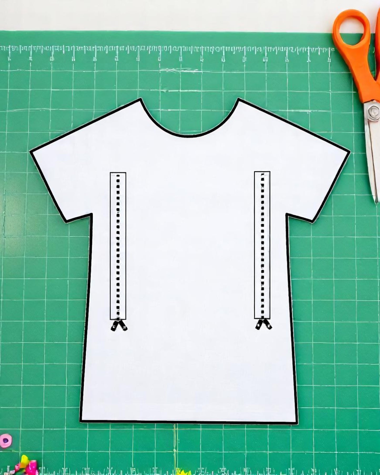 A paper cutout of a white T-shirt with dotted zipper illustrations sits on a green cutting mat, next to orange scissors and colorful objects, highlighting touched out mamas Custom Breastfeeding-Friendly Upcycling Service.